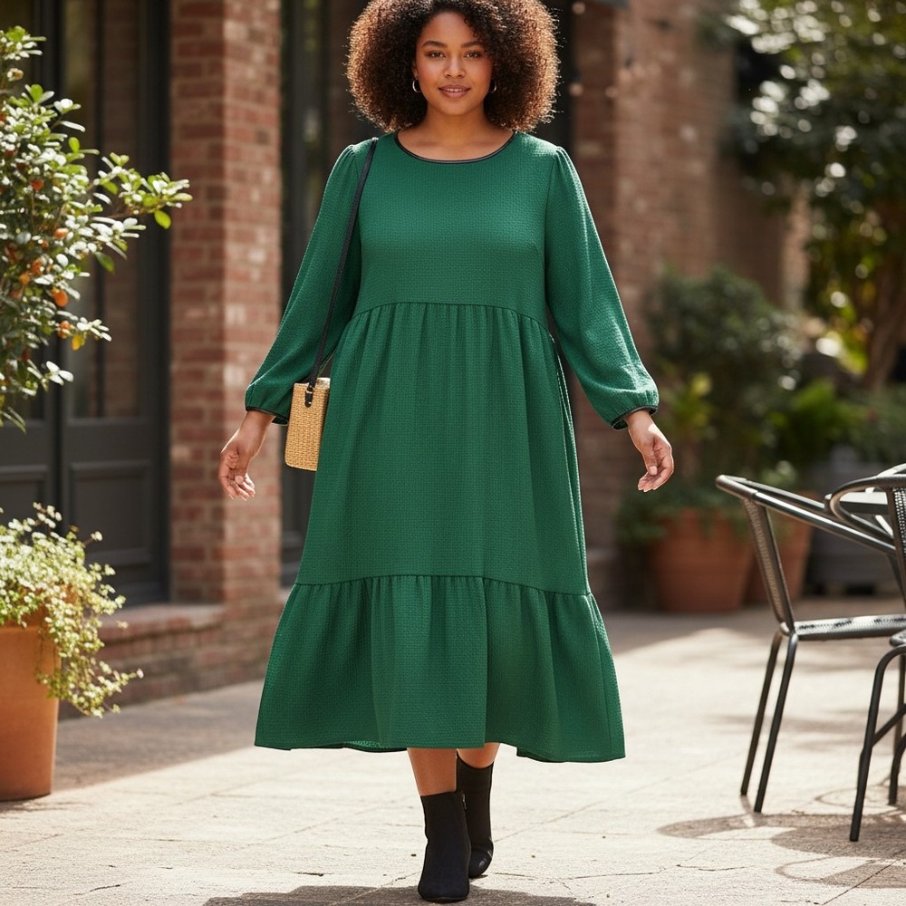 Sandra Darren Green Texture Long Sleeve Tiered Midi Dress Faux Leather L NWT